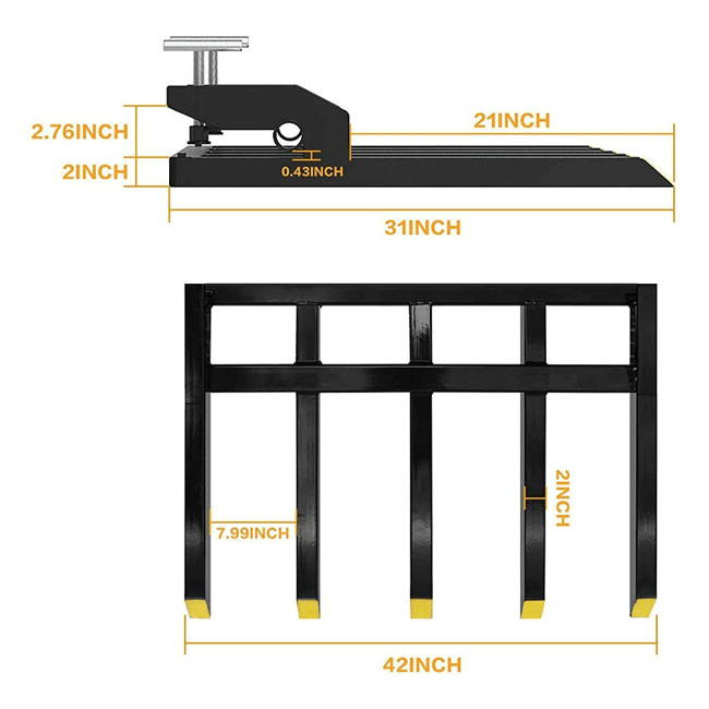 Clamp-on Pallet Forks Stabilizer Bar Rated 2,500 LB Loader or Skid Steer