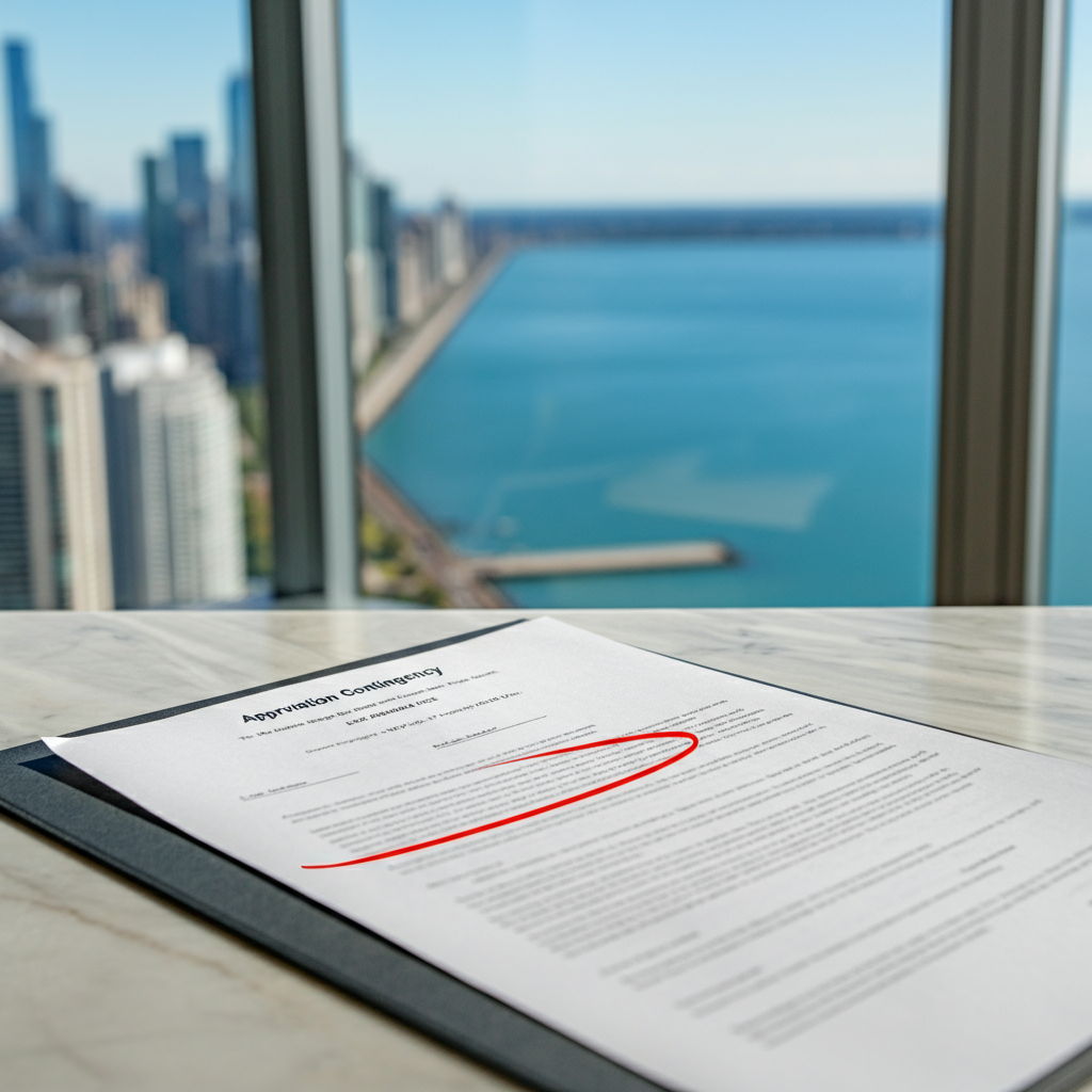 A close-up of a standard Chicago real estate contract with the appraisal contingency clause highlighted. The document rests on a marble countertop in a luxury Streeterville condominium with the lake visible through floor-to-ceiling windows. The clause details the buyer's rights if the property doesn't appraise at the purchase price.