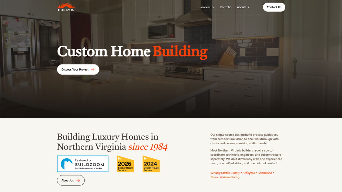 Screenshot of Horizon Building, from the home builder websites collection.