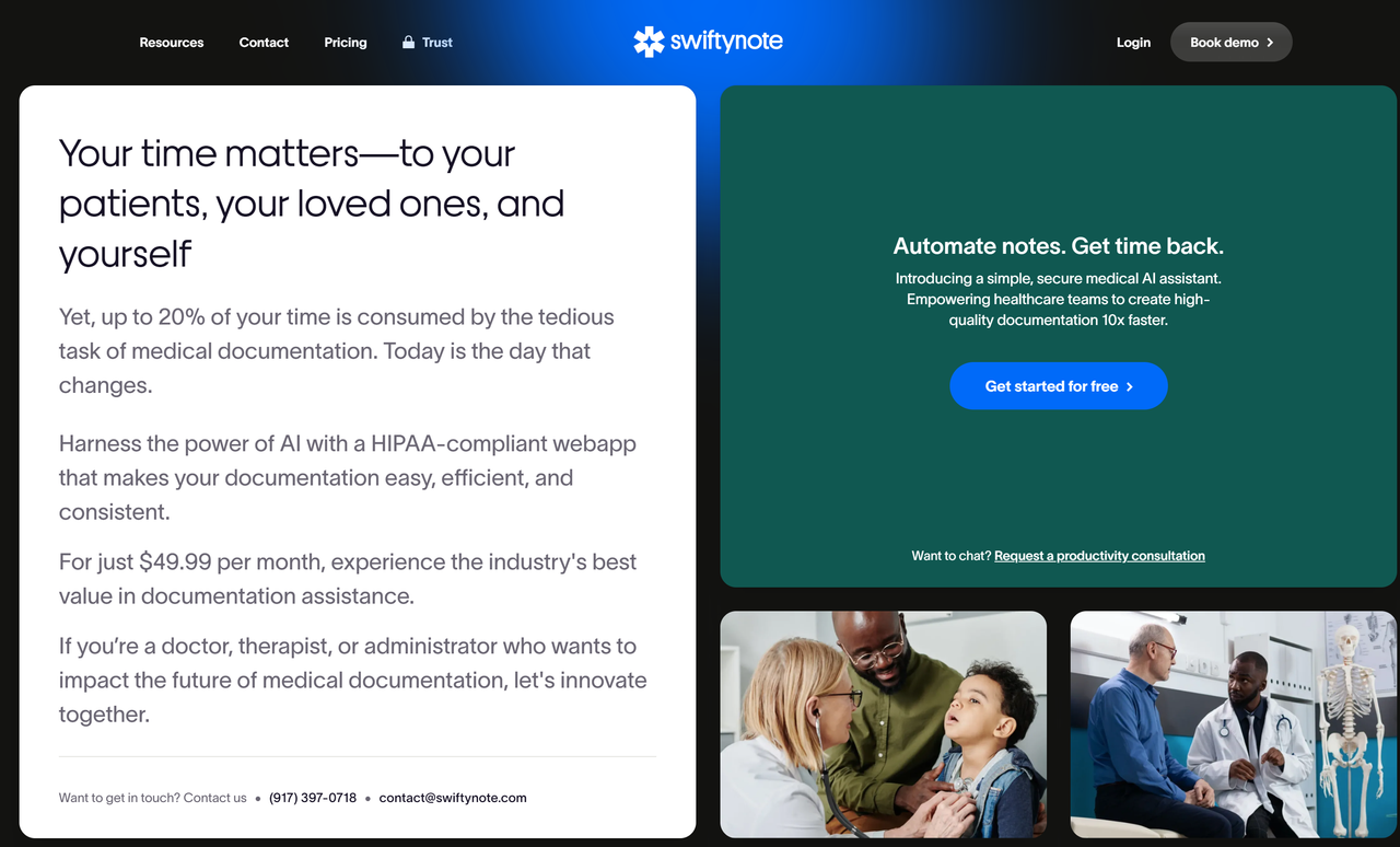 Screenshot of Swiftynote's website landing page, an AI scribe