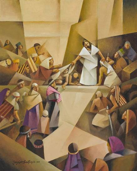 Geometic painting of Jesus healing people in the Book of Mormon.