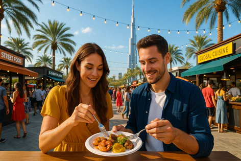 Smiling couple enjoys a plate of diverse street food at a lively outdoor market in Dubai, with palm trees and the Burj Khalifa visible.