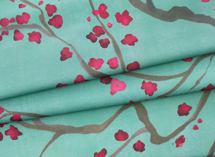 Green Cherry Blossom Linen-Cotton Fabric Pattern Image