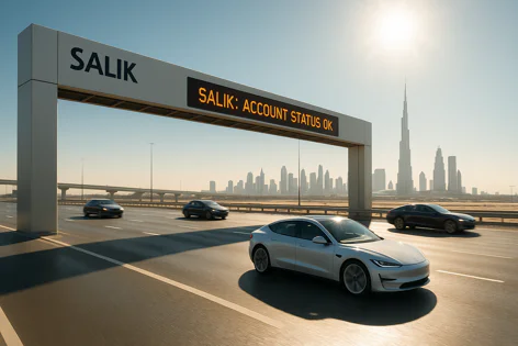 Silver car under Salik toll gate in Dubai displaying 'Account Status OK'. Burj Khalifa and city skyline visible in the sunny background.