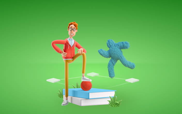 A man posing with his foot on a stack of books while a blue furry monster runs the diamonds on a kickball field in the background for Confetti's Virtual Online Team Trivia