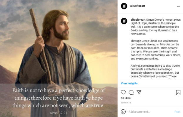 Instagram post featuring a peaceful painting of Jesus Christ. Includes text from Alma 32:21.