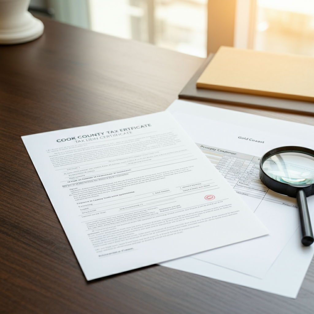 A close-up view of a Cook County tax lien certificate document placed on a dark wooden desk alongside property records for a Gold Coast condominium. A magnifying glass rests nearby highlighting the outstanding amount and property identification number. Natural light streams through nearby windows, illuminating the official seals and legal language that can complicate property sales.