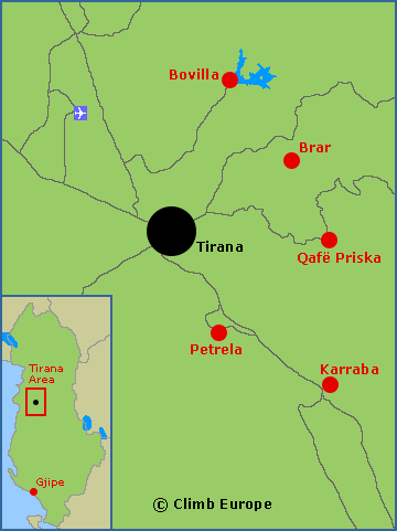 Map of the rock climbing areas around Tirana