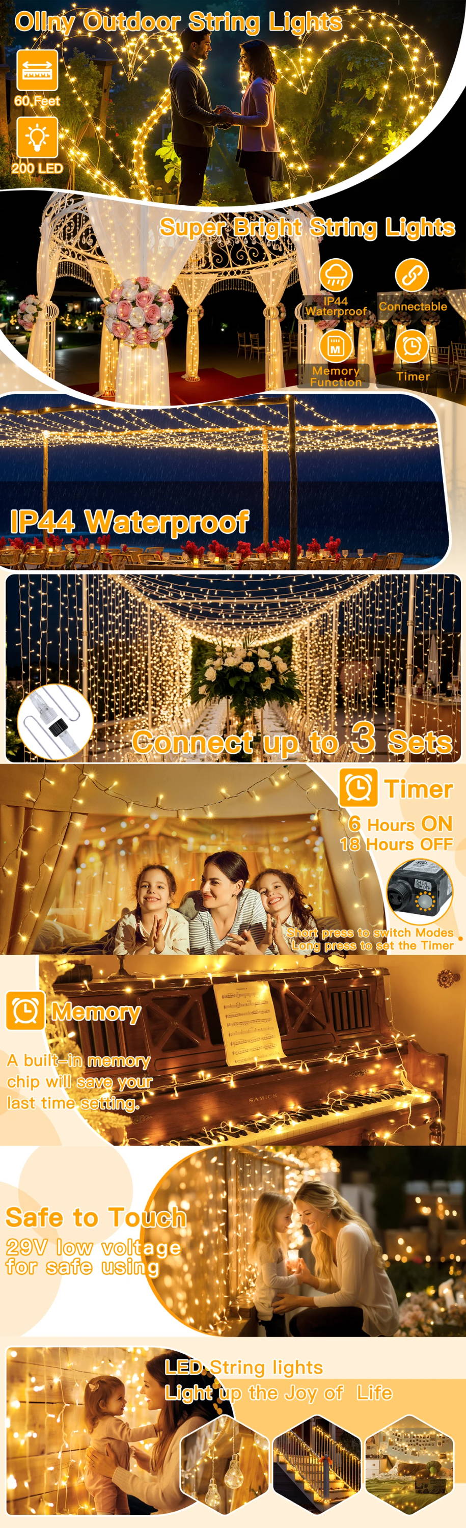 Features of Ollny's 800 leds green cable warm white string lights