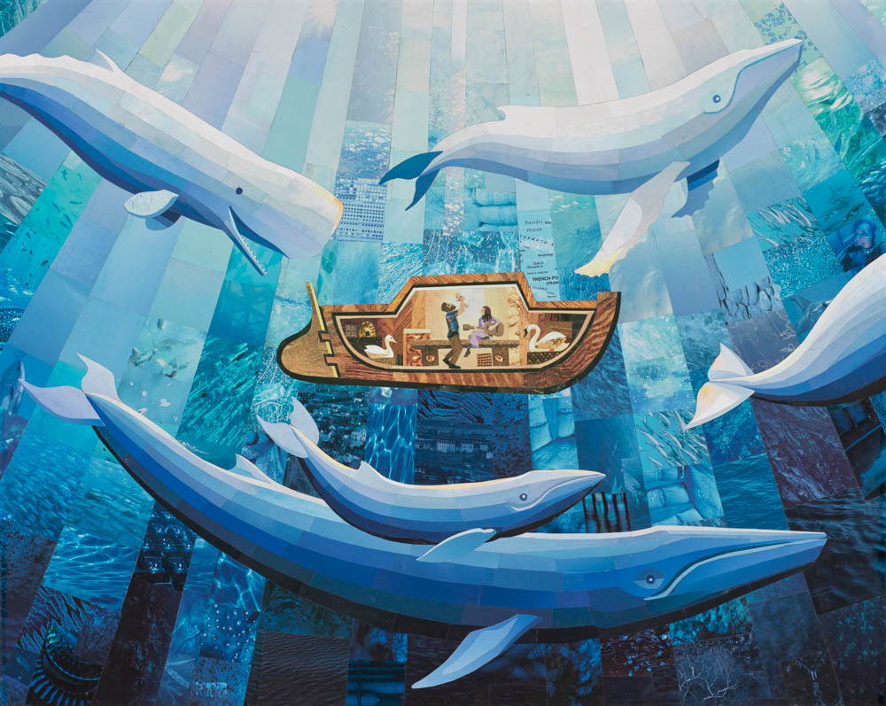 Collage of magazine cutouts forming a scene of whales swimming around the brother of Jared's boat. 