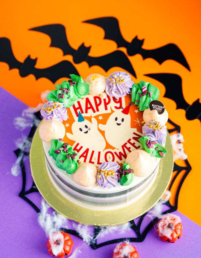 Boo Crew Party Cake with spooky hand-piped Halloween frosting
