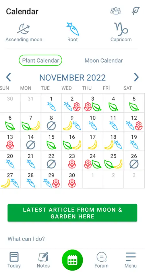 The moon calendar feature in the Moon and Garden app.