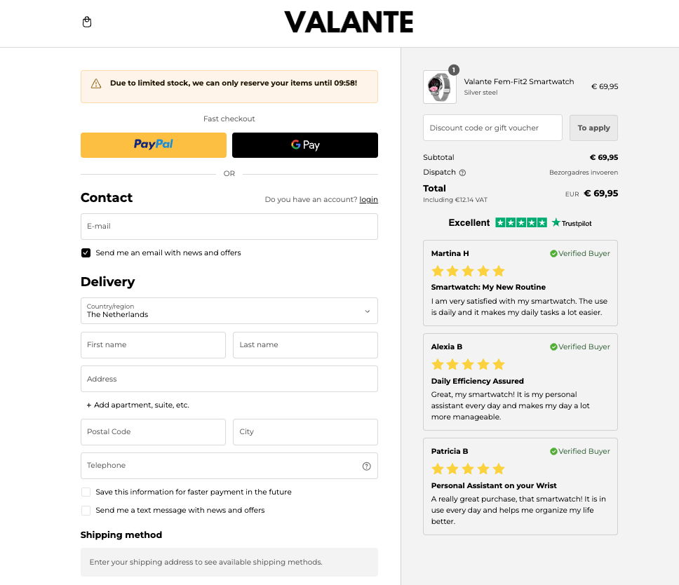 valante checkout page