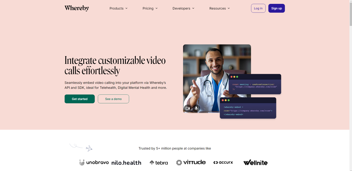 Screenshot of Whereby, from the  framer websites collection.