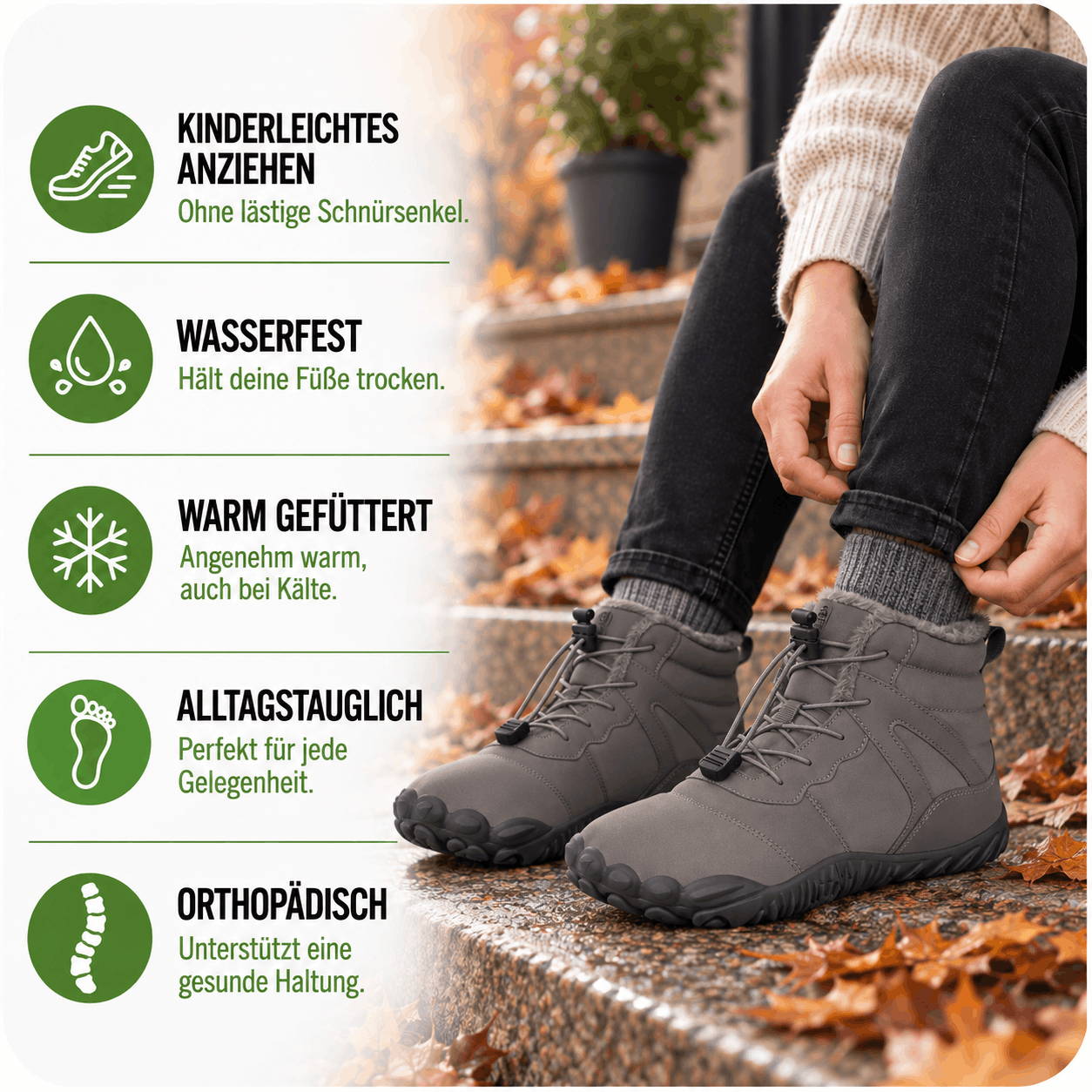 Abbildung von Füßen einer Person, welche Winter-Barfußschuhe trägt