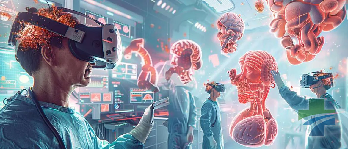 Illustration of a futuristic AR surgical training simulation