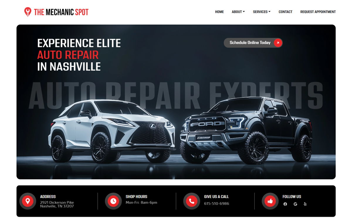 Screenshot of The Mechanic Spot, from the auto repair websites collection.