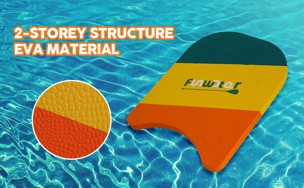 A swimkickboard with green, yellow and orange colors