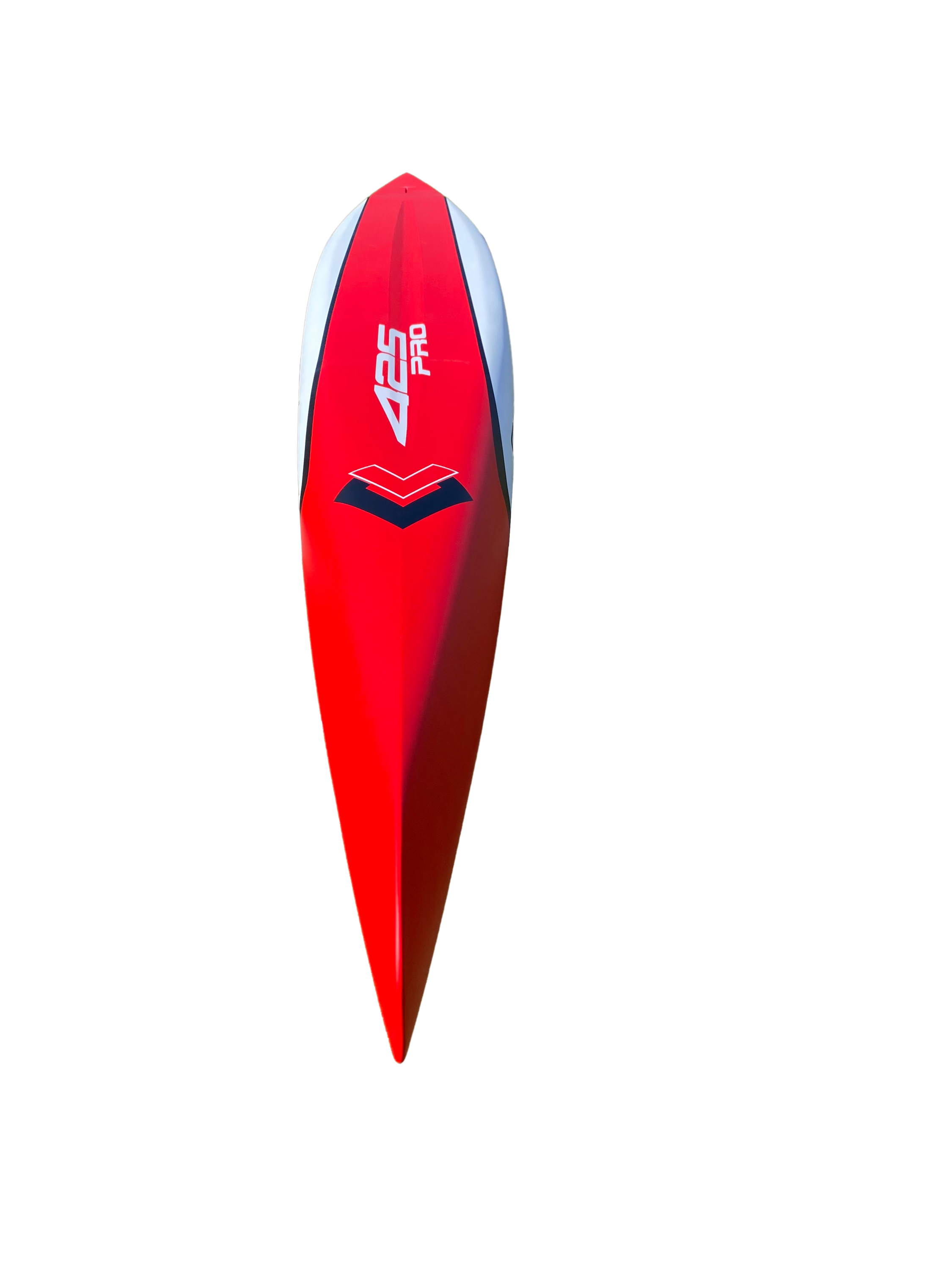 425pro board: front view, red and white, pointy nose