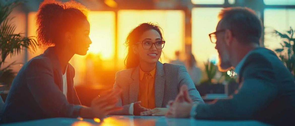 Modern office scene showing diverse professionals in supportive, dynamic conversation.