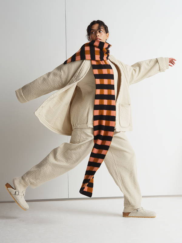 model wears Brushed Check & Stripe Scarf