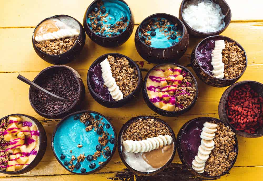 Picture of various bowls of acai, repesenting the company, Cocount Bowls