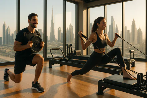 Fit couple exercising in a bright gym studio with panoramic windows, man doing lunges with a weight, woman using a Pilates reformer, overlooking a city skyline.
