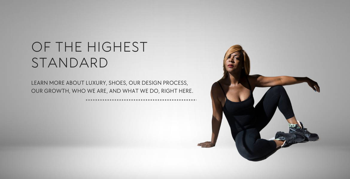 Of the Highest Standard Blog Title with image of black woman, seated on the ground, one arm on her crossed leg, wearing black workout clothes, showing off her The Standard sneakers