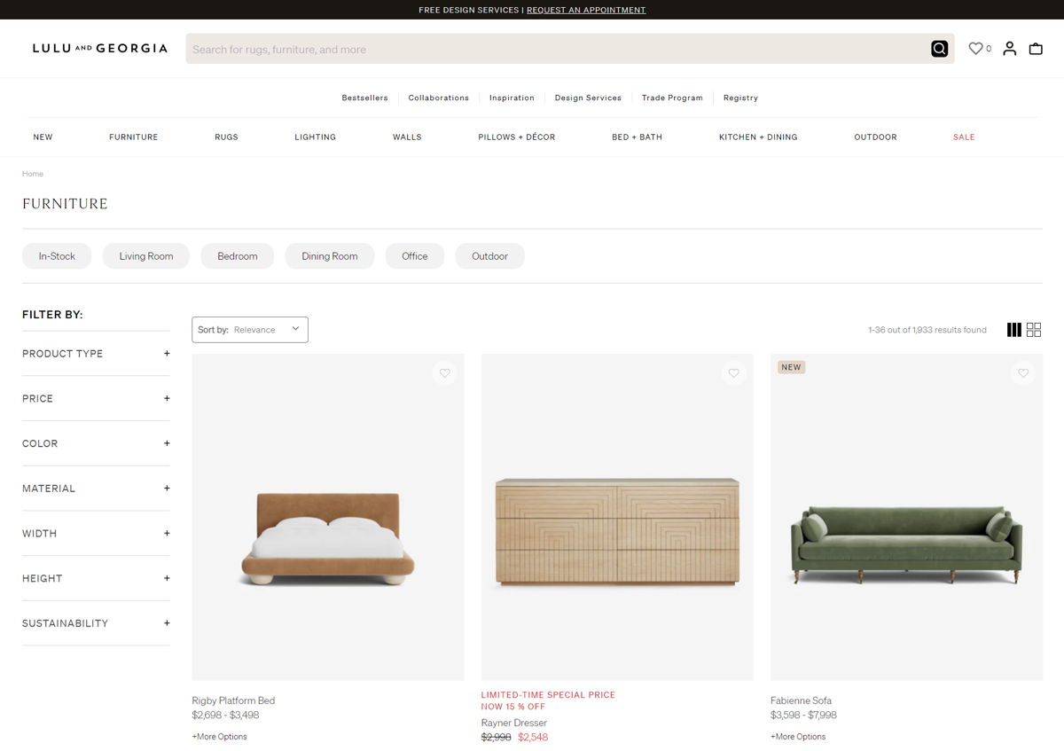 Screenshot of Lulu and Georgia, from the shopify furniture stores collection.