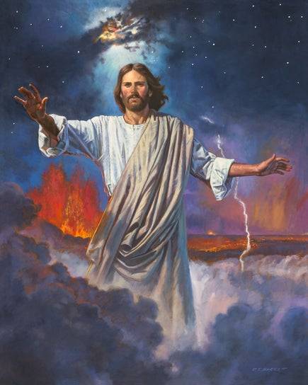 Painting of Jesus with His sleeves rolled up and His arms outsretched. The elements swirl around Him as He creates the Earth.