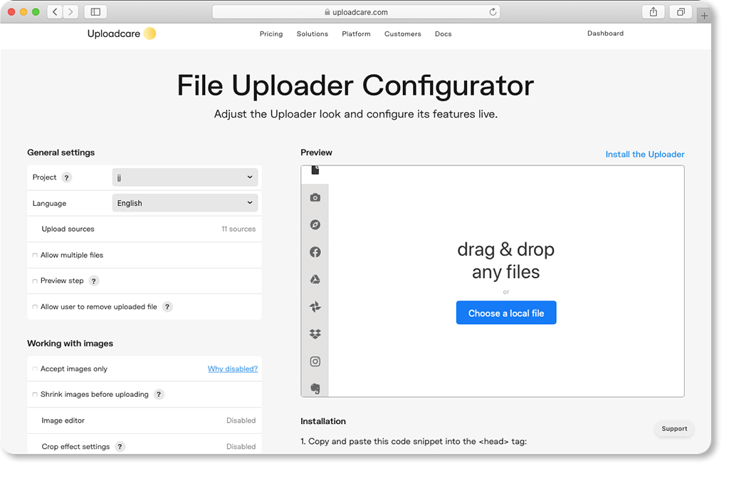 jQuery File Uploader Configurator interface 