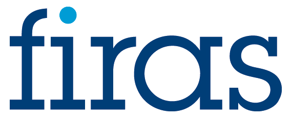 The image shows the word firas in lowercase blue letters, with a small blue dot above the letter i.