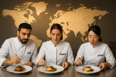 Three chefs from UAE, France, and Japan sit at a table examining plates of food, with a large world map behind them.