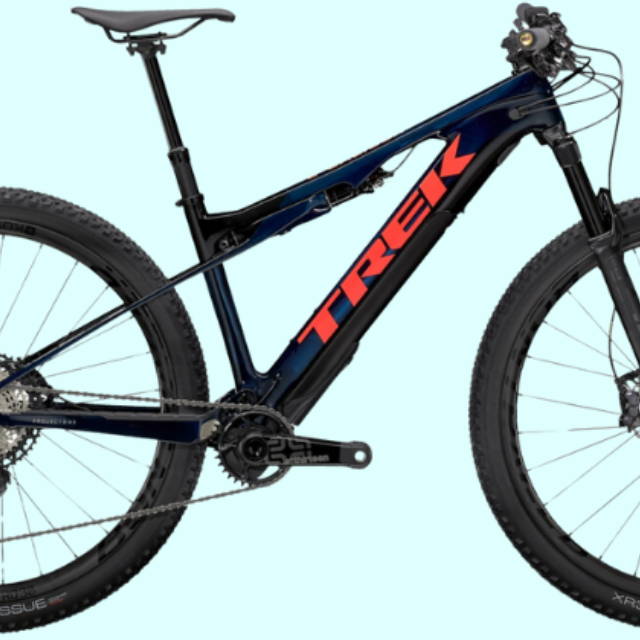 a black Trek E-Caliber 9.8 XT Gen 2 full suspension electric mountain bike
