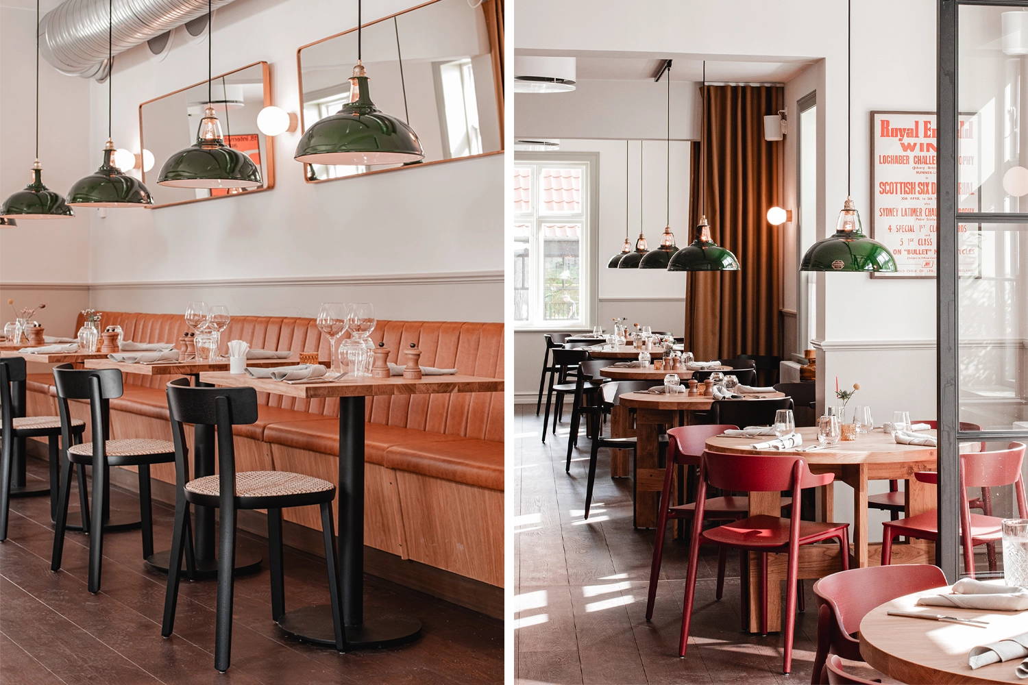 Two images, both showing Large Green Coolicon Pendant lampshades inside a scandinavian bistro with wooden floors, chairs and white walls.