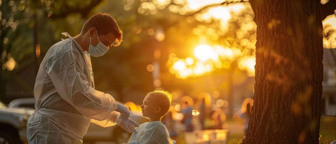 Mobile orthodontist caring for a child, surrounded by curious onlookers