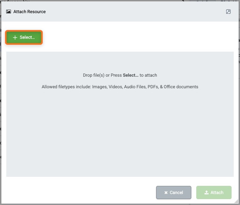 Attach Resource dialog with Select button highlighted