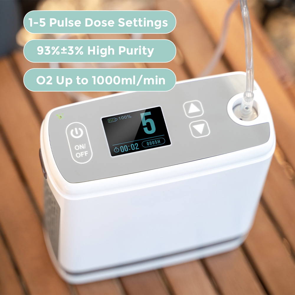 portable oxygen concentrator with 93% high O2 concentration at all 1-5 flow settings