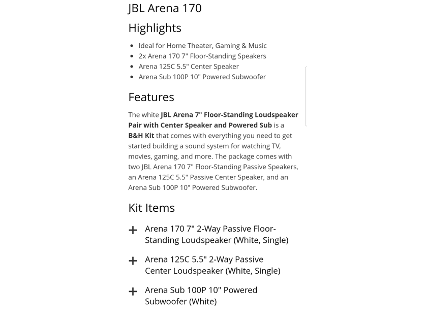 JBL Arena 170 Standing Speakers, Center Speaker, and Powered Subwoofer