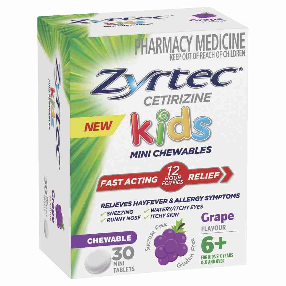 Zyrtec Kids Antihistamine Allergy & Hayfever Chewable Tablet Grape 30 Pack
