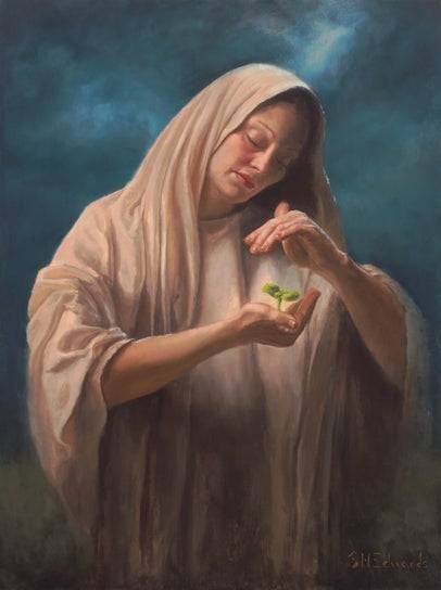 Painting of a biblical woman holding a sprouting seed in her hand. She shields it with her other hand. 