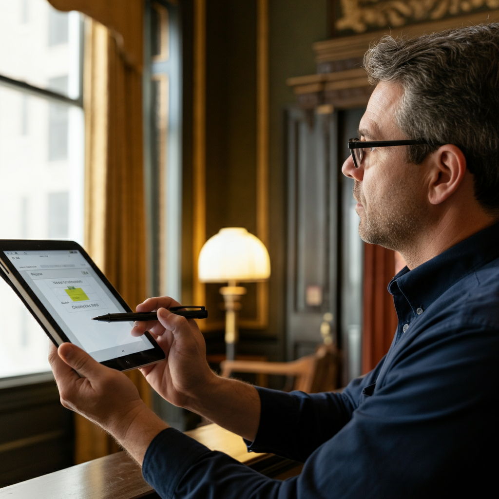 A detailed home inspection taking place in a Gold Coast vintage condominium. The inspector examines original architectural elements while making notes on a digital tablet, illustrating the thorough inspection process required for historic properties.
