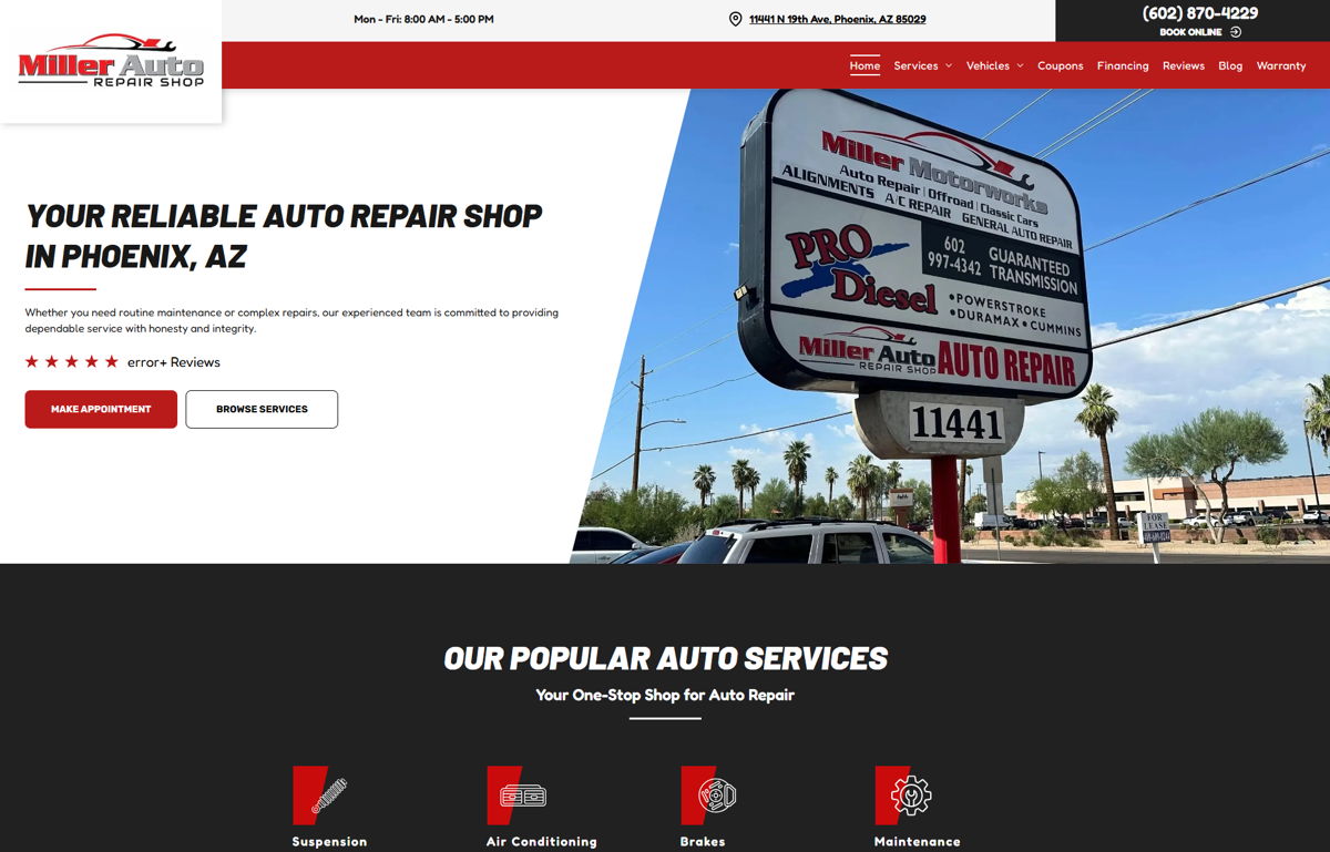 Screenshot of Miller Auto Repair Shop, from the auto repair websites collection.