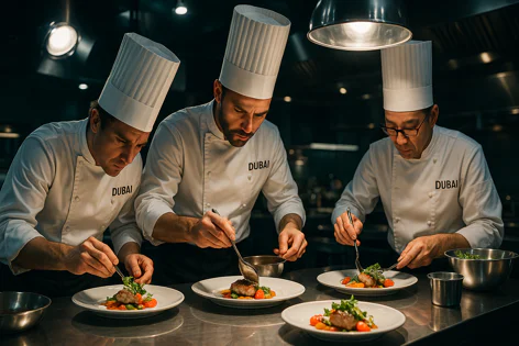 Three chefs with "DUBAI" on their uniforms meticulously plate finished gourmet meals in a busy restaurant kitchen, using tools for precision.
