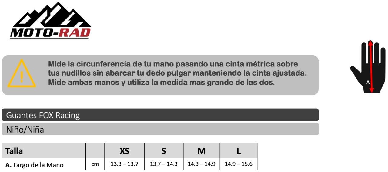 Guia de Tallas Guantes Niño Fox Racing
