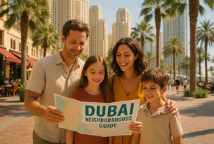 Happy family smiling while looking at a Dubai neighborhoods guide map outdoors, with tall palm trees and modern skyscrapers in the background.