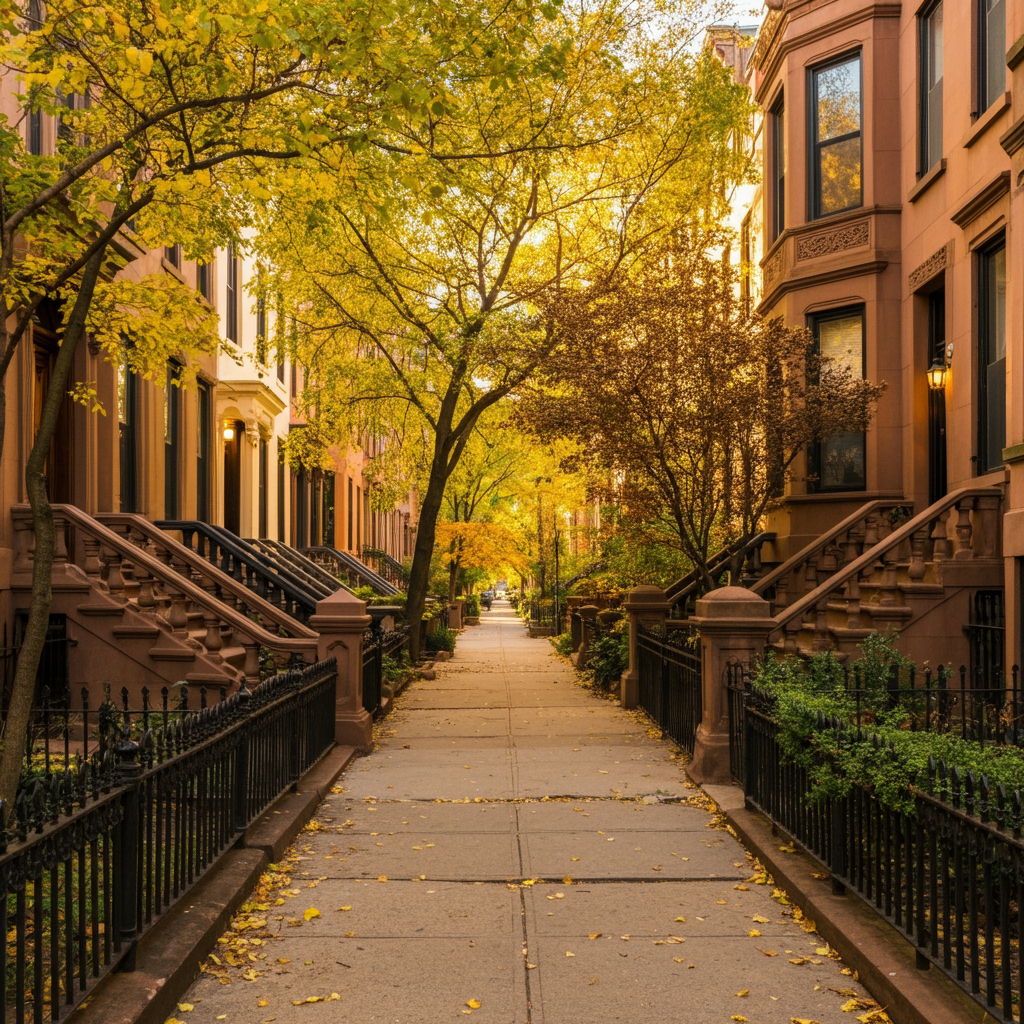 A tree-lined Gold Coast street in autumn, featuring historic brownstones with ornate facades and wrought-iron fences. Golden leaves scatter across the sidewalk as morning light filters through branches, highlighting the neighborhood's architectural details and peaceful residential character.