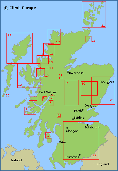 Map of the main rock climbing areas in Scotland