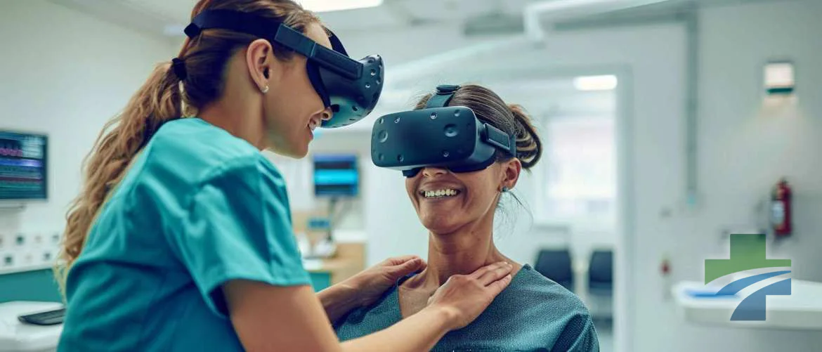 Patient using virtual reality for therapy with nurse's assistance