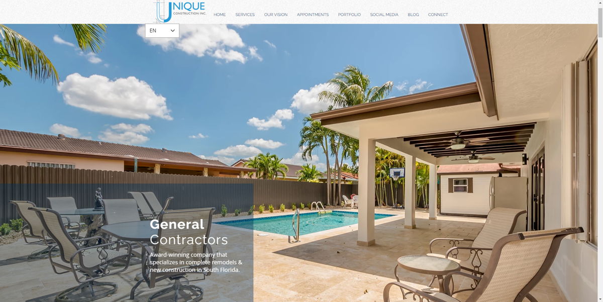 Screenshot of Unique Construction Inc., from the contractor websites collection.